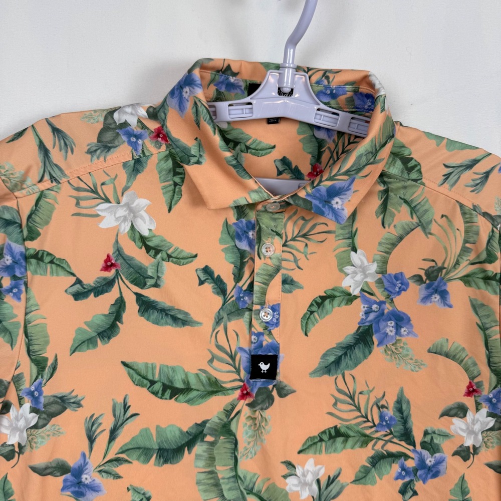 Bad Birdie Mens Large Tropical Floral Golf Polo Shirt Peach Orange Performance